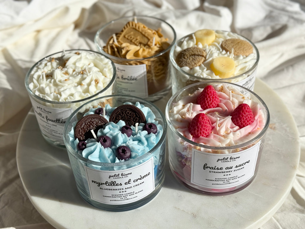 Front view of all Petit Bisou candles together, dessert-inspired and handmade in New York