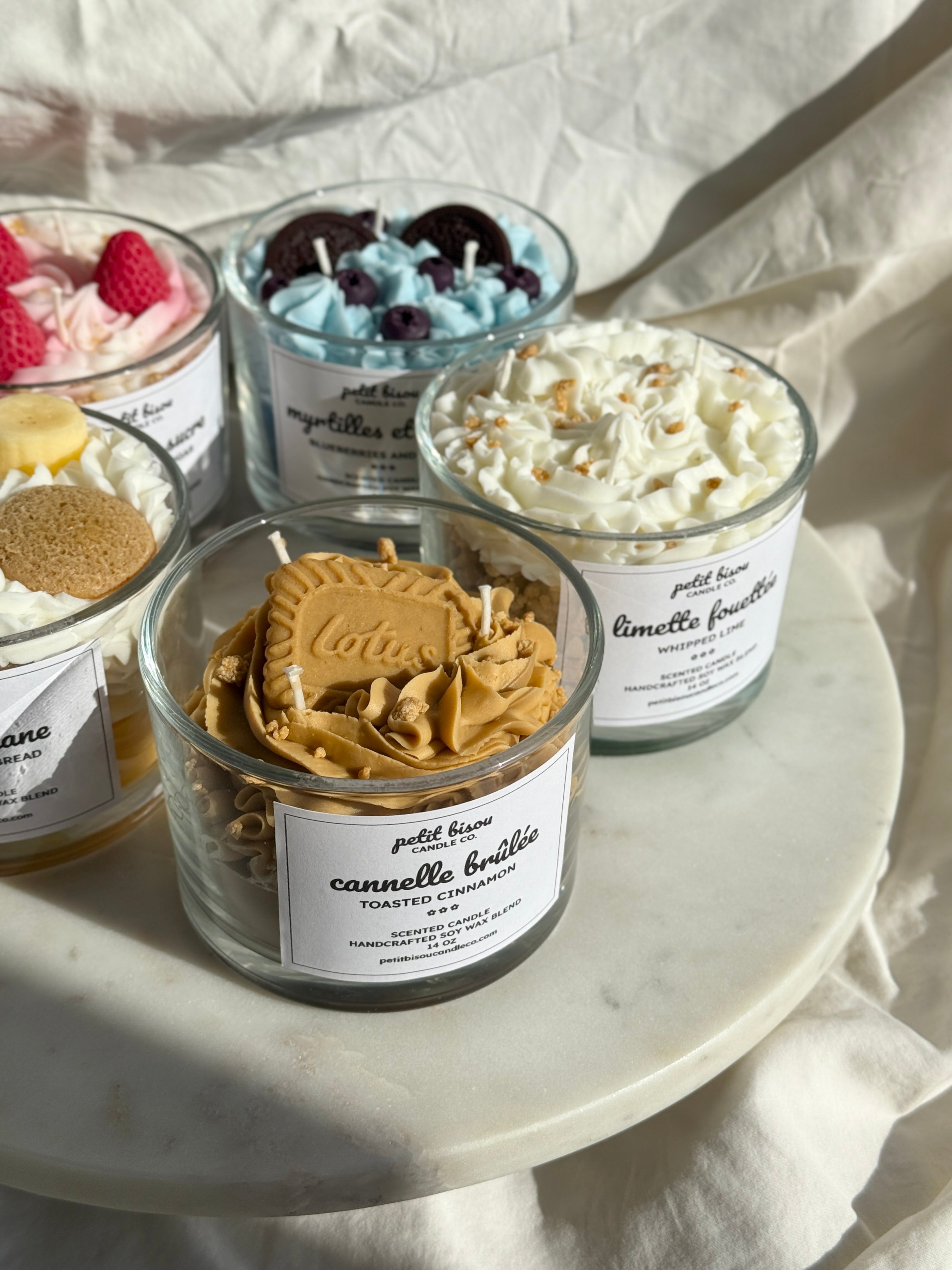 Group shot of hand-poured cinnamon toast scented candles by Petit Bisou, dessert-inspired and handmade in New York