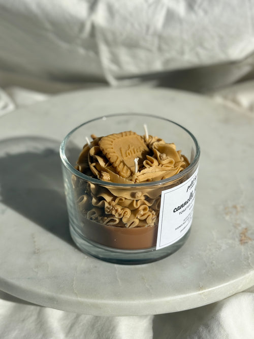 Side view of hand-poured cinnamon toastscented candle by Petit Bisou, dessert-inspired and handmade in New York