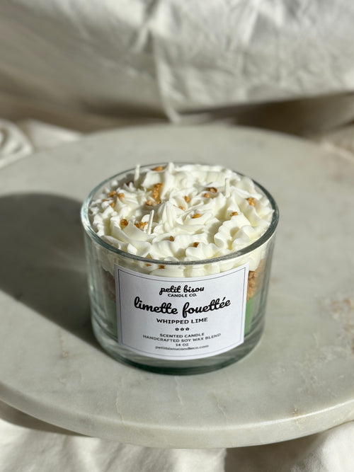 Front view of hand-poured key lime pie scented candle by Petit Bisou, dessert-inspired and handmade in New York