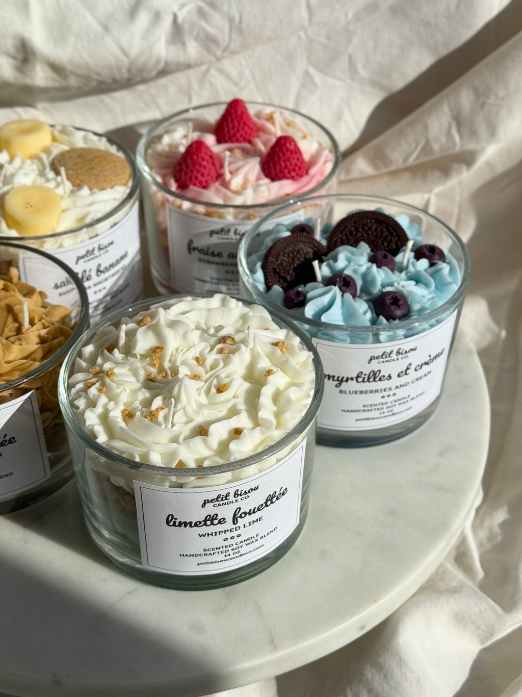 Group shot of hand-poured key lime pie scented candles by Petit Bisou, dessert-inspired and handmade in New York