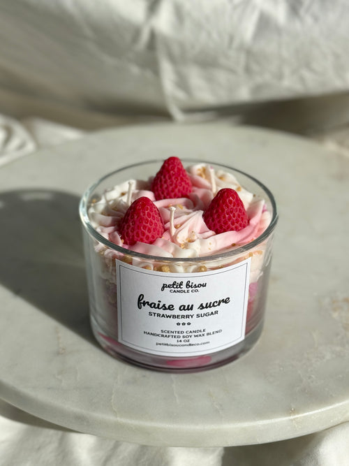 Front view of hand-poured Strawberry Sugar scented candle by Petit Bisou, dessert-inspired and handmade in New York